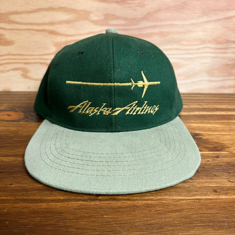 Vintage Alaska Airlines Hat and 1/10 10K Gold Pin Green Snapback Jet Embroidery